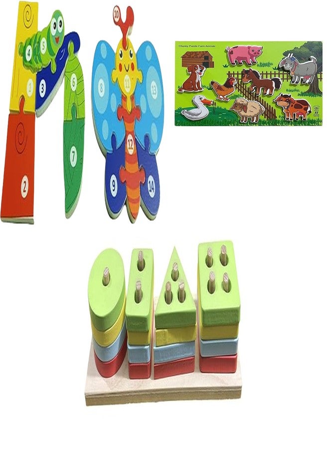 Kinder Creative Butterfly Life Cycle Puzzle,Chunky Stacking Farm Animals Puzzle,Geometrical Column Blocks for Toddlers, Educational Puzzle and Toys for Kids Pack of 3 - Image 1